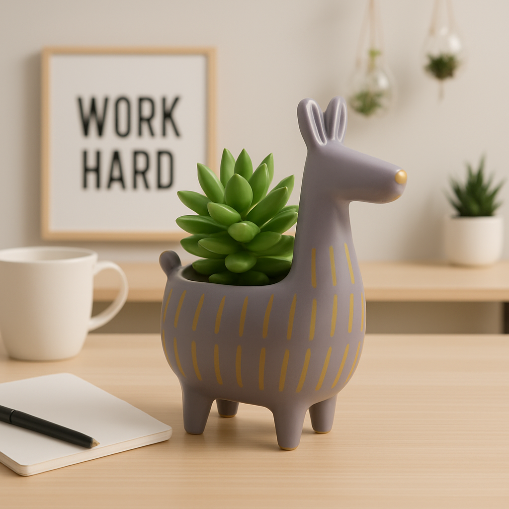 Ceramic Llama Succulent Planter, Purple with Gold Stripes, Decorative Plant Pot for Home and Office